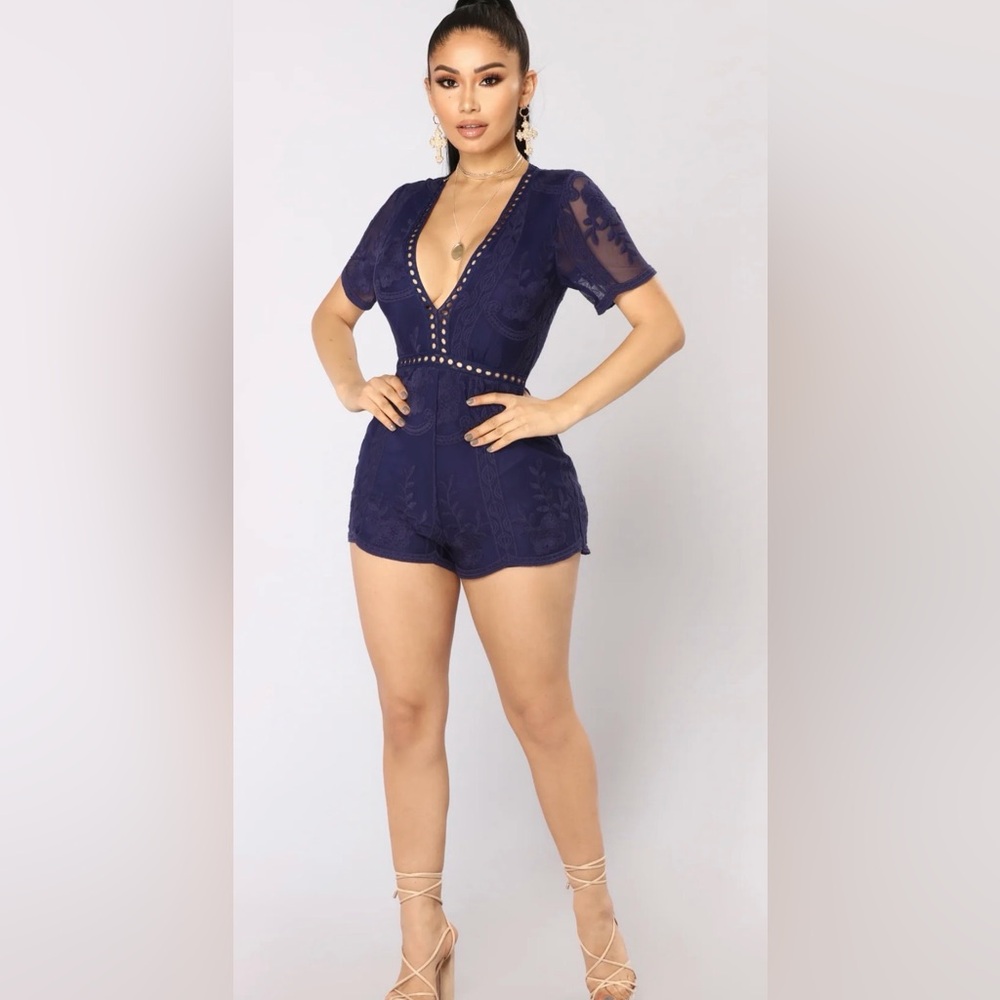 Fashion Nova Deep Blue Lace Romper